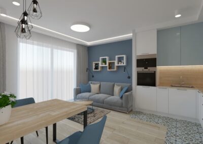 Kuchnia otwarta na&nbsp;niebieski salon