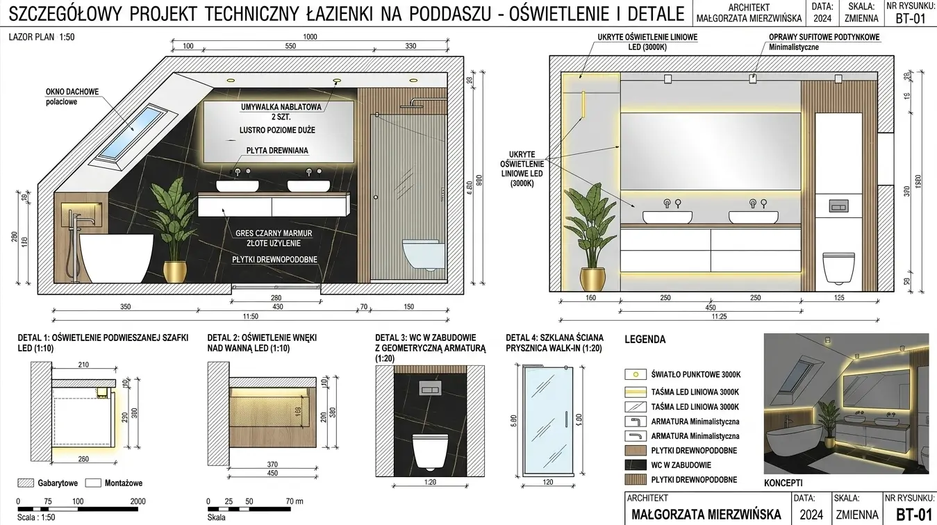 Projektant Wnętrz Warszawa ➜ Gdańsk ➜ łazienka czarny marmur,płytki czarny marmur łazienka,marmurowe łazienki,łazienka gres marmur,płytki marmurowe czarne w nowoczesnej łazience ➜ projekt techniczny lazienki na poddaszu oswietlenie detale