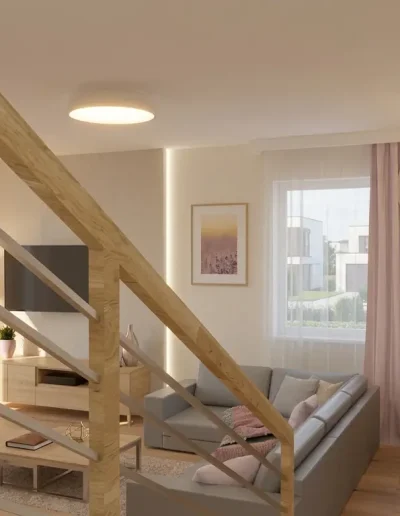 Salon z&nbsp;różowym akcentem otwarty na&nbsp;kuchnię