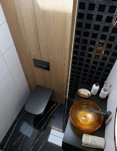Toaleta z&nbsp;bursztynową umywalką